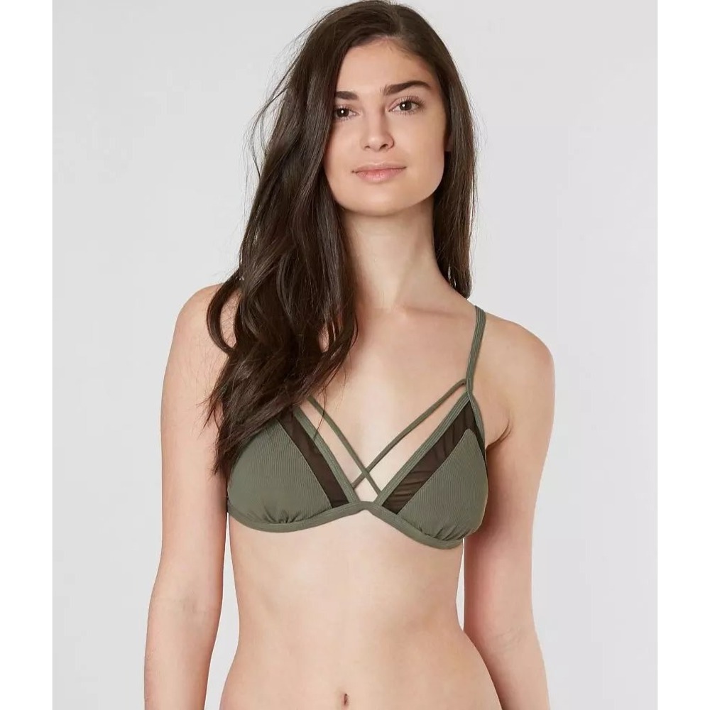 Ninety-Nine Women Olive Green Strappy Mesh Ribbed Triangle Bikini Swim Top M